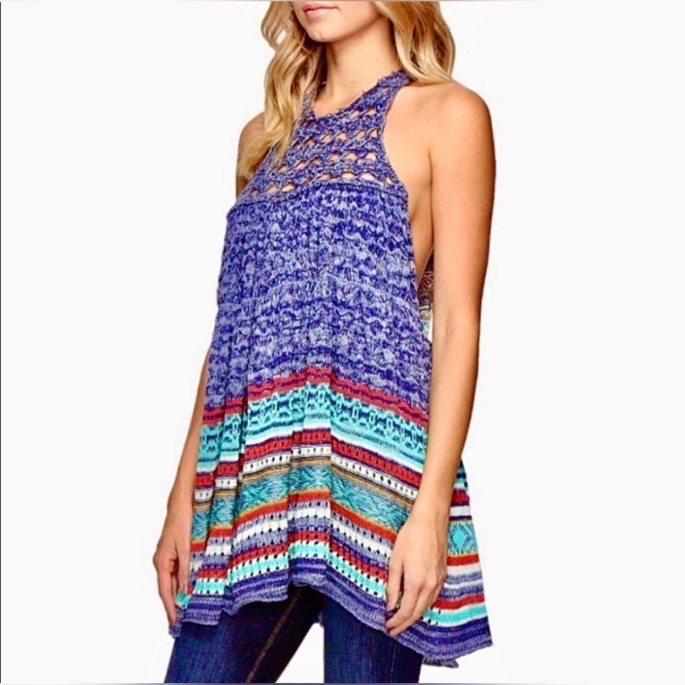 Free People Blue Multicolor Halter Tunic